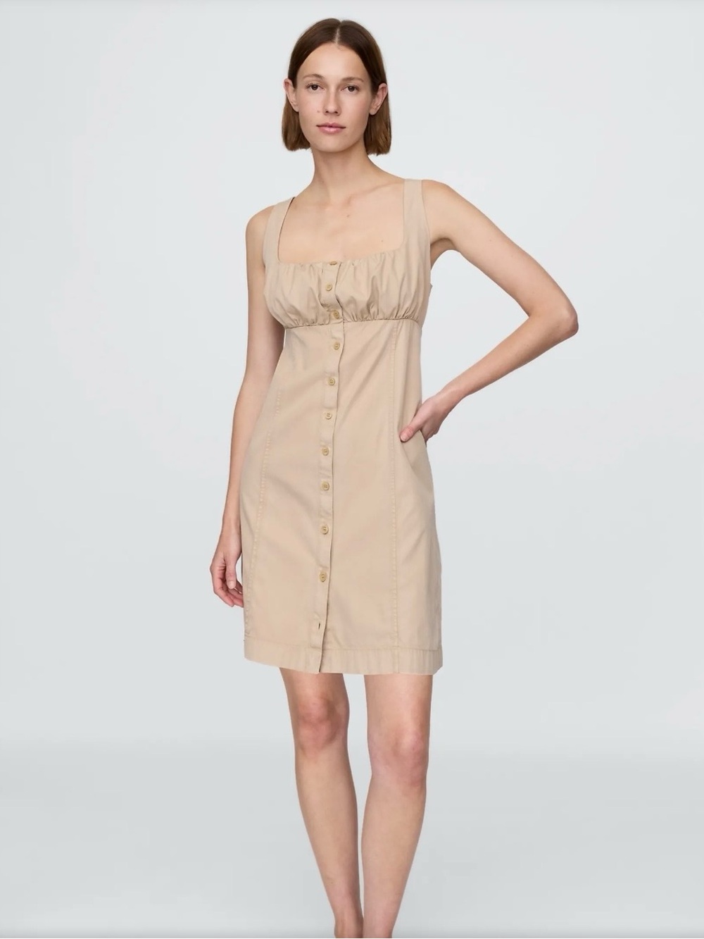 GAP Beige Button-Front Mini Dress with Square Ruching